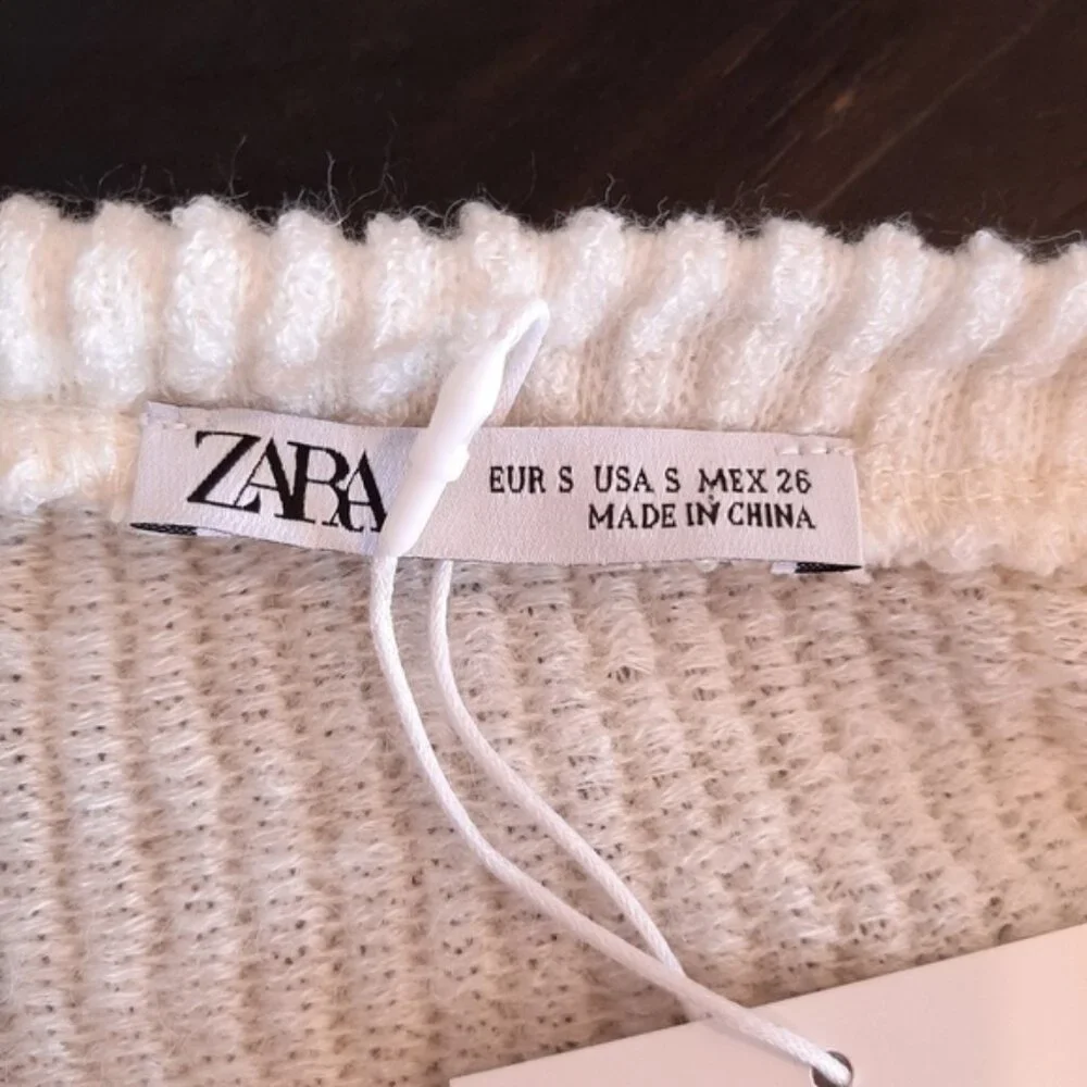 NEW Zara Oversized Ribbed Knit Short Sleeve Sweater Raw Hem Slouched Ivory - Picture 11 of 13